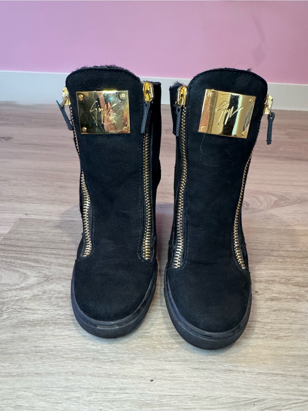 Giuseppe Zanotti Black Suede Shearling Lined Hidden Wedge Sneaker Boots EU 36